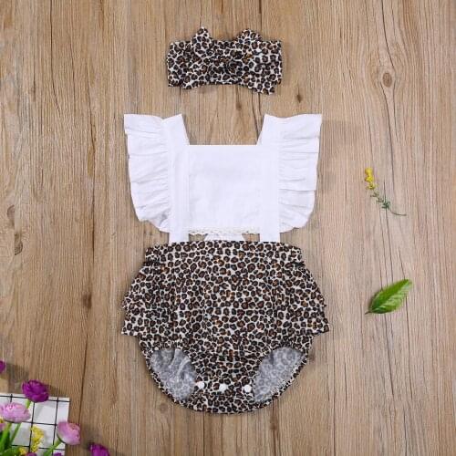 Pudcoco Kids Jumpsuit with Headband, Girls Leopard Print Square Neck Fly Sleeve Romper+ Hair Band for Summer, 0-24 Months