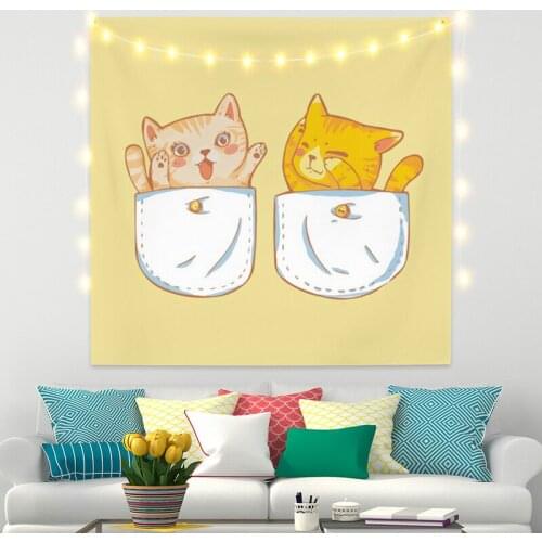 Two Cartoon Cats Yellow Tapestry Vintage Exotic for Bedroom Photography Wall Decor