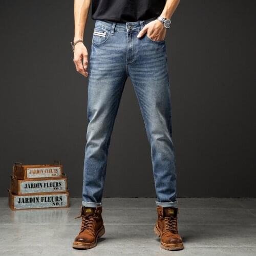 Retro Stretch Straight Leg Jeans Mens spring Autumn Business Trousers Casual Slim Denim Pants