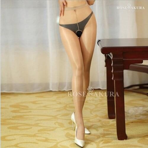 15D Womens Sexy Oil Shiny Open-crotch High Waist Anti Hook Pantyhose, Gloss Sheer To Waist Tights Crotchless Sexy Lingerie