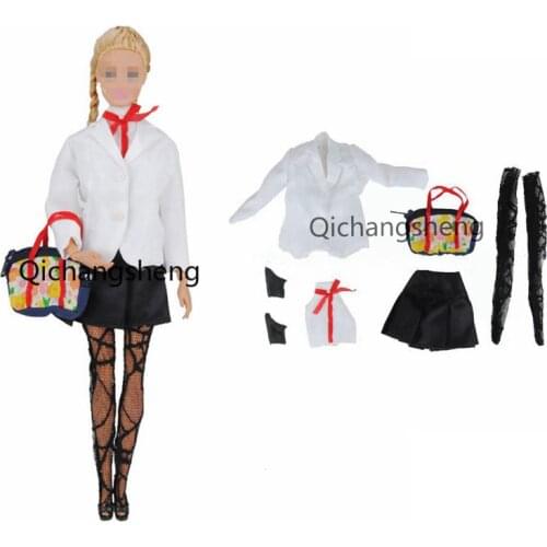 6 items/Set Fashion White Jacket Outfits Set For Barbie Doll Clothes Socks & Shoes & Bag & Skirt & Coat & Crop Top 1/6 Accessory