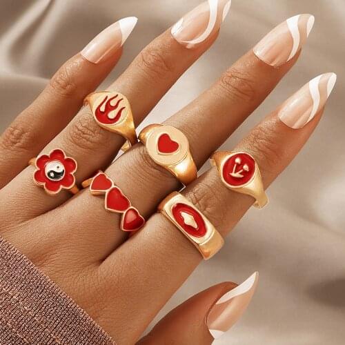 Tocona 6pcs/sets Charms Tai Chi Heart Cute Ring Sets for Women Red Dripping Oil Fire Gold Alloy Metal Wedding Jewelry кольца