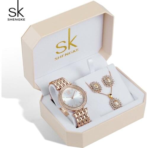 Shengke Rose Gold Watches Women Earrings Necklace Set 2019 SK Creative Ladies Quartz Watches Crystal Jewelry Set For Women