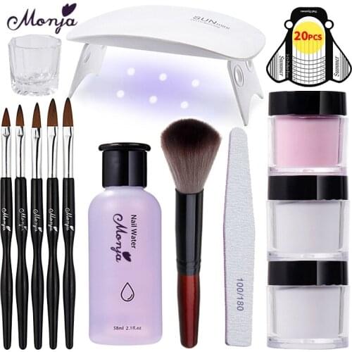Monja 14 Pcs/Set Nail Art Kit 3 Colors Acrylic Powder Liquid Nail Carve Extend Build Painting Nail Brush Dryer DIY Manicure Tool