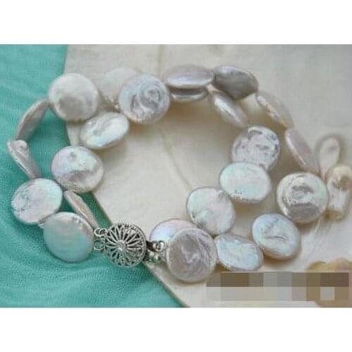 New hot 2strands 8" 15mm coin white freshwater pearl bracelet