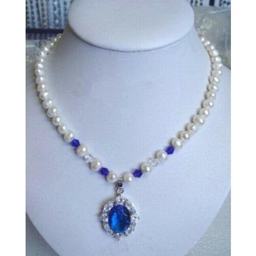 Real White Pearl Blue Cubic Zirconia Sapphire Crystal Pendant Necklace