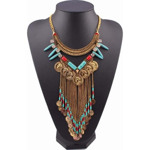 Gold Color Vintage Style Exo Pendant Necklace Fashion Design Long Bead Tassel Coin Statement Spike Crystal Women Jewelry