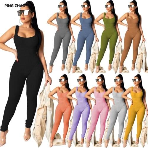 PING ZHAO New Women Low Neck Sleeveless Skinny Bodysuit Casual Fitness Sporty Romper Summer Outfits