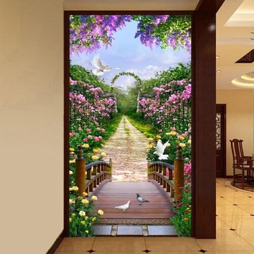 Custom 3D Murals Wallpaper Pastoral Garden Flowers Road Wood Bridge Photo Wall Cloth Living Room Entrance Backdrop Wall Painting