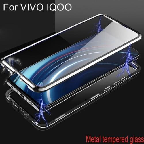 Luxury Magnetic Adsorption Case For VIVO IQOO Metal Frame Clear Tempered Glass Cover For VIVO IQOO Magnetic Flip Cases vivoiqoo