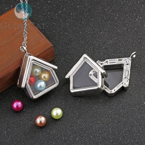 Silver Housing Castle Can open Locket Necklace Beads Pearl Memory Photo Glass Locket Pendant Charm Necklace