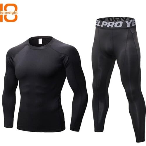TENNEIGHT Mens Running sets T-Shirts stretch quick-drying Sport Suit Joggers Training Gym Fitness Compression Running Set