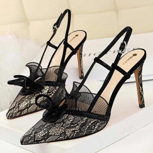 Shoes Lace Women Pumps Bow High Heels Women Sandals Women Shoes Sexy Party Shoes Women Heels Black Stiletto Plus Size 43