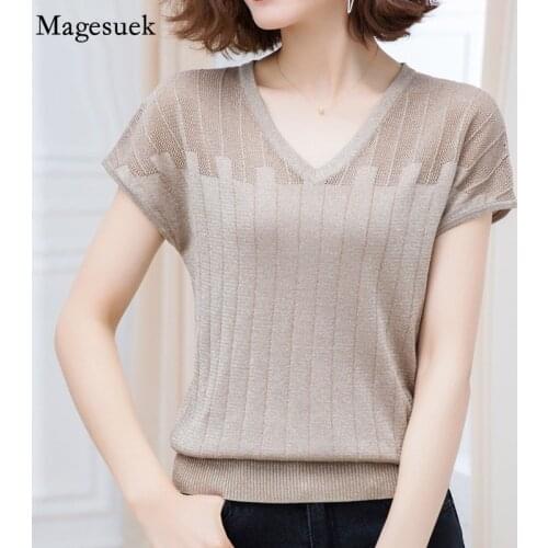 Ice Silk Summer Knitted Woman Tshirt V-neck Short Sleeve Tees Shirt Tops 2021 Casual Loose T-Shirt Women Clothing Blusas 13780