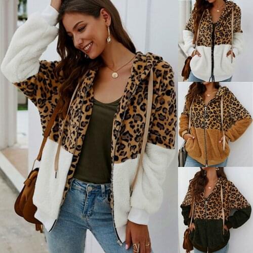 Greenwild Long Sleeve Warm Leopard Print Womens Winter Jacket with Zipper Fleece Female Clothing