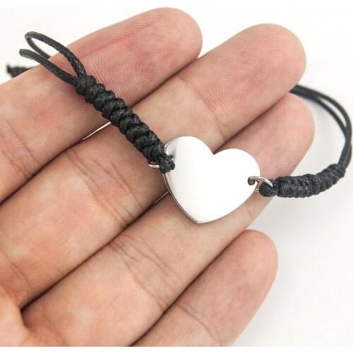 Women Adjustable Cord Bracelet mirror Heart connector Stainless steel pendant black red color Rope