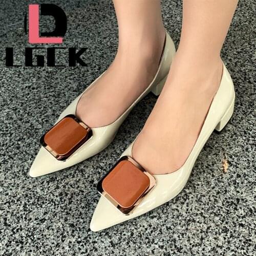 Plus Size 34-43 New Low-heeled Pumps Women Patent Leather Shoes Cow Leather Casual Shoes Female Metal Buckle Boat Shoes Women