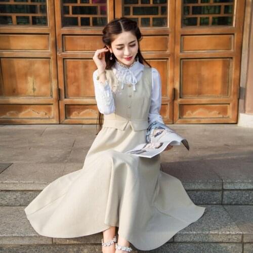 2021 New Autumn Summer Vintage Women Long dress Sleeveless Slim Season Waist Dresses Light Khaki Rice White RH810
