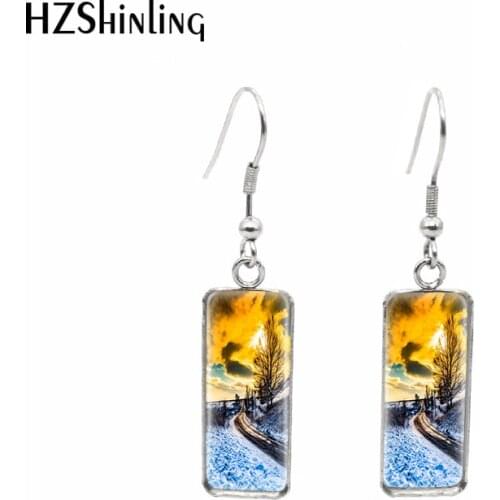 2020 New Oil Painting Winter Landscape Earring Fashion Rectangular Hook Earrings Glass Cabochon Jewelry Handmade Gifts