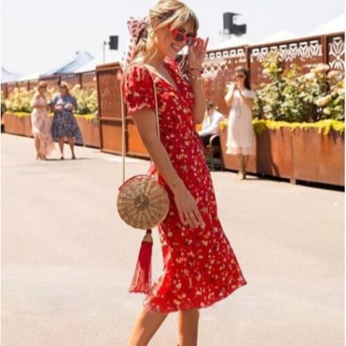 2021 Summer Vintage Cherry Floral Print Wrap Red Dress Fashion Sexy Retro V-neck Bandage Side Split Maxi Beach Party Boho Dress