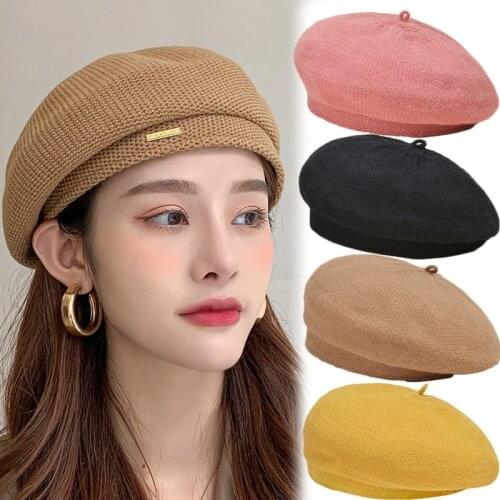 2021 Trendy Women Autumn Winter Warm Beret Caps Solid Color Knitted Cotton Hats Adjustable Tape Berets Lady Winter Caps