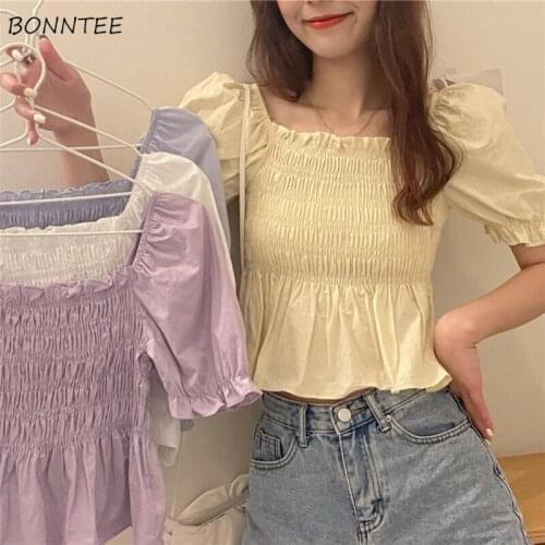 Blouses Women Sweet Preppy Style Crops Soft Breathable Female Puff Sleeve High Street Stretchy Summer Solid Ruffles Casual Mujer