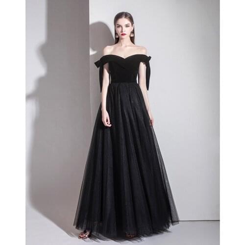 Black Evening Dresses Sweetheart Tulle Sexy Off the Shoulder Long Card shoulder bow A-Line Prom Gowns Red Carpet Celebrity Dress