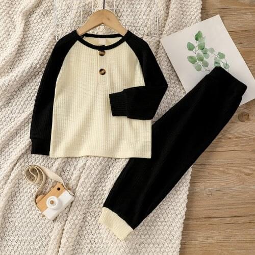 18M-6Y Children Knit Clothes Set Patchwork Long Sleeve O-neck Pullover with Buttons+Elastic Waist Trousers 2Pcs Autumn Outfits