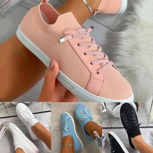 Women Shoes Flats Fashion Casual Ladies Woman Lace-Up Mesh Breathable Female Sneakers Canvas Lace-up White