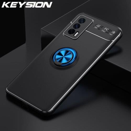 KEYSION Shockproof Phone Case for VIVO IQOO Neo 5 Soft Silicone Metal Ring Stand Phone back cover for IQOO 5 5 Pro U3X 5G