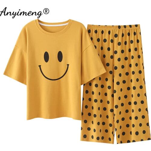 New Short Sleeve Capris Homesuit Homeclothes New Soft Printing Crew Neck Pajamas Set 100% Cotton Woman Pijamas Set for Summer