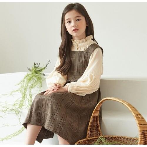Mori Girls Skirts Suits 10 12 years Long Sleeve Shirt + Plaid Overalls Teenage Girls Clothes