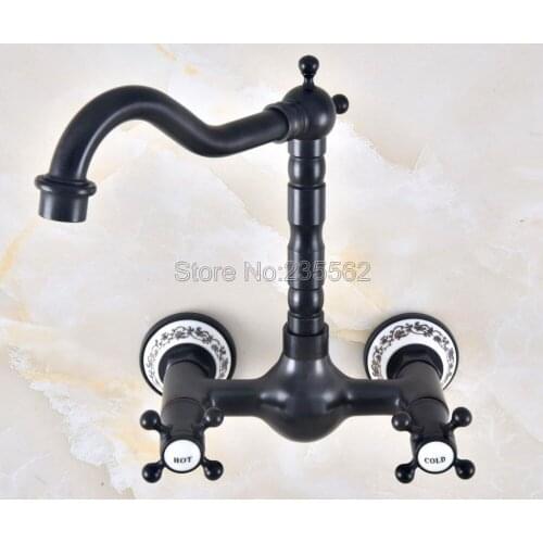 Black Oil Rubbed Brass Wall Mount Hot&Cold Bathroom Kitchen Basin Sink swivel Faucet Mixer Tap lnf474
