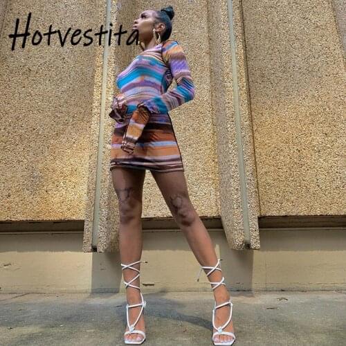 Hotvestita 2021 Spring Woman Fashion Sexy Backless Mini Dress Striped Patchwork Halter Long Sleeve Bodycon Dress Party Clubwear
