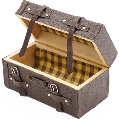 Odoria 1:12 Miniature Vintage Wooden Suitcase Chest with Leather Belt Home Room Set Dollhouse Accessories Doll House Decoration