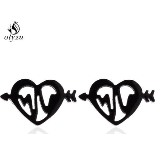 Oly2u Fashion Black Stainless Steel Heartbeat Earrings ECG Studs Stylish Earrings for Women Doctor Nurse Minimalist Jewelry 2019
