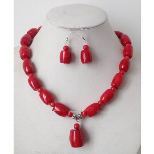 >>>>>Charming!Big Red Coral Column Shape Beads Necklace Earrings Set 18" AAAA+01 30% off