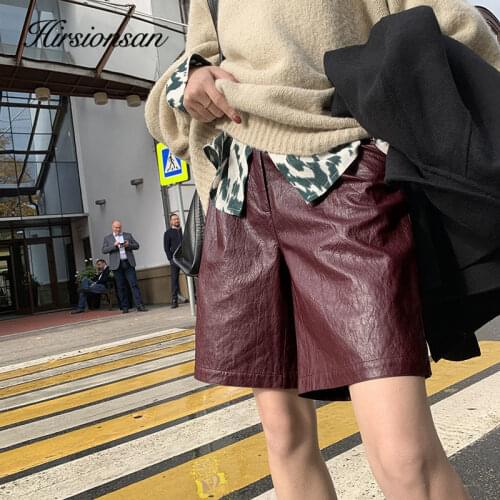 Hirsionsan High Waisted PU Leather Shorts Women 2020 Autumn Winter New Vintage Loose Short Pants Casual OL Female Shorts