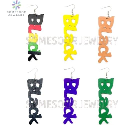 SOMESOOR Engraved Colorful Black Wooden Drop Earrings Laser Cutting African Inspired Words Loops Dangle Jewelry For Women Gifts