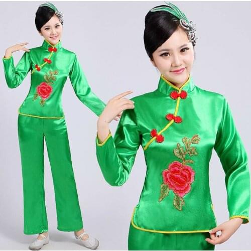 Chinese Traditional Yangko Costume Plus Size Chinese Yangko Dress Women Chinese Folk Dance Costume Square Dance Top+Pants Sets