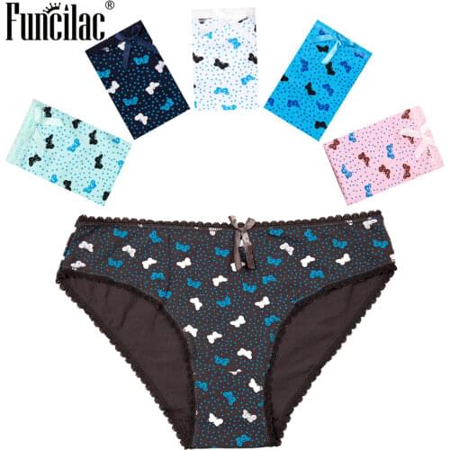 FUNCILAC Briefs for Women Cotton Sexy Lace Panties Plus Size Underwear Ladies Girls Intimates Butterfly Print Striped 5 Pcs/Lot