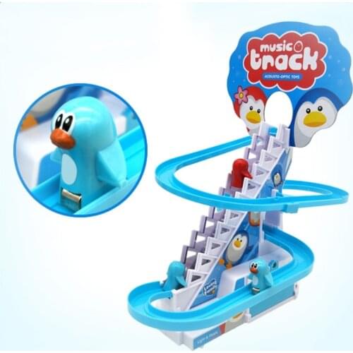 Battery Operated Fun Playful Penguin Race Set With Flashing Lights Music Jolly Slide Playset Electric Climb Stairs Track Toys