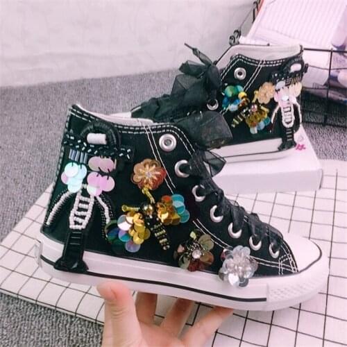 Spring high-top handmade flowers casual shoes lace-up canvas shoes student single shoes sports shoes