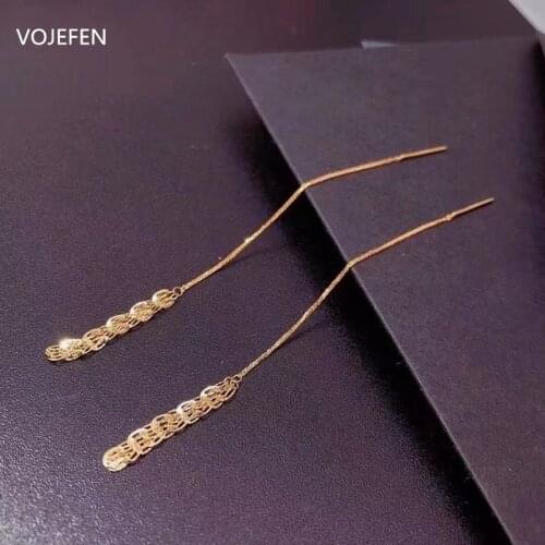 VOJEFEN AU750 18k Yellow Real Gold Lace Dangle Earrings Chain for Women Elegant Threader Earrings Dangling Chain Jewelry