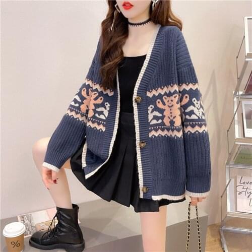 Jacquard V-neck knitted cardigan womens autumn and winter 2021 fashion new ladies sweater coat cartoon pattern long-sleeved top