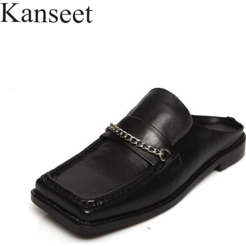 Kanseet 2021 New Women Shoes Summer Metal Decoration White Black Genuine Leather Handmade Square Toe Casual Low Heels Slippers