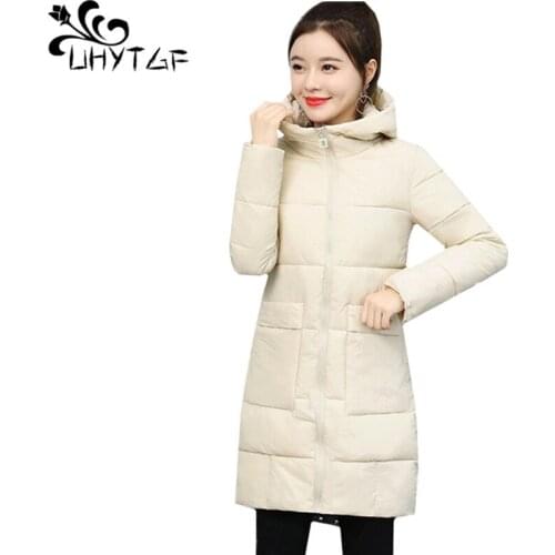 UHYTGF Women winter coats Solid color hooded warm Parker jacket Loose 3XL plus size outerwear Casual Female Down Cotton coat 742