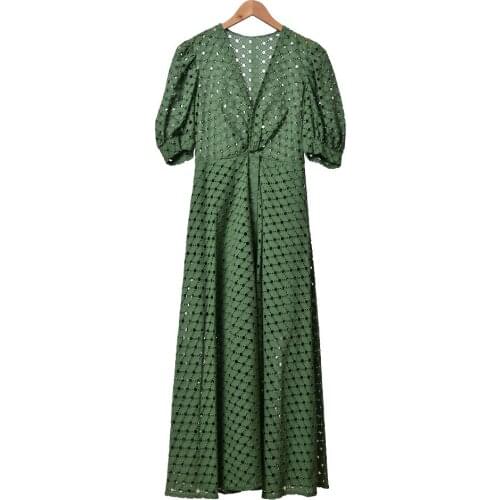 Women V-Neck Hollow Out Green Midi Dress Elegant Chic Pleated Ladies Puff Sleeve Long Dresses for Holiday