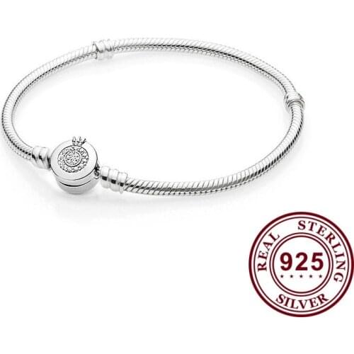 100% 925pan Sterling Silver New Shining Crown Round Lock Clasp Bracelet Suitable For Womens Wedding Fashion Jewelry