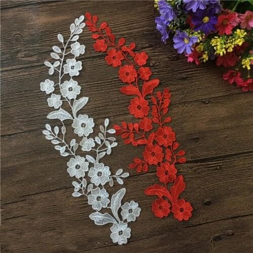 2Pair=4Pcs White Red 34*10cm Flower Embroidery Lace Appliqued Fabric With Leaf Jacquard Ribbon Lace Fabric Sewing Trims